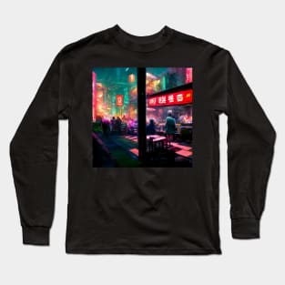 Busy Ramen Stall - Cyberpunk Cityscape Long Sleeve T-Shirt